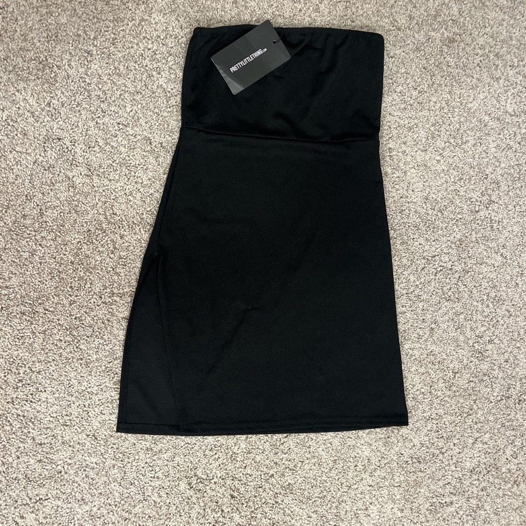 Pretty Little Thing Black Crepe Split Side Bandeau Bodycon Dress *New With Tags*